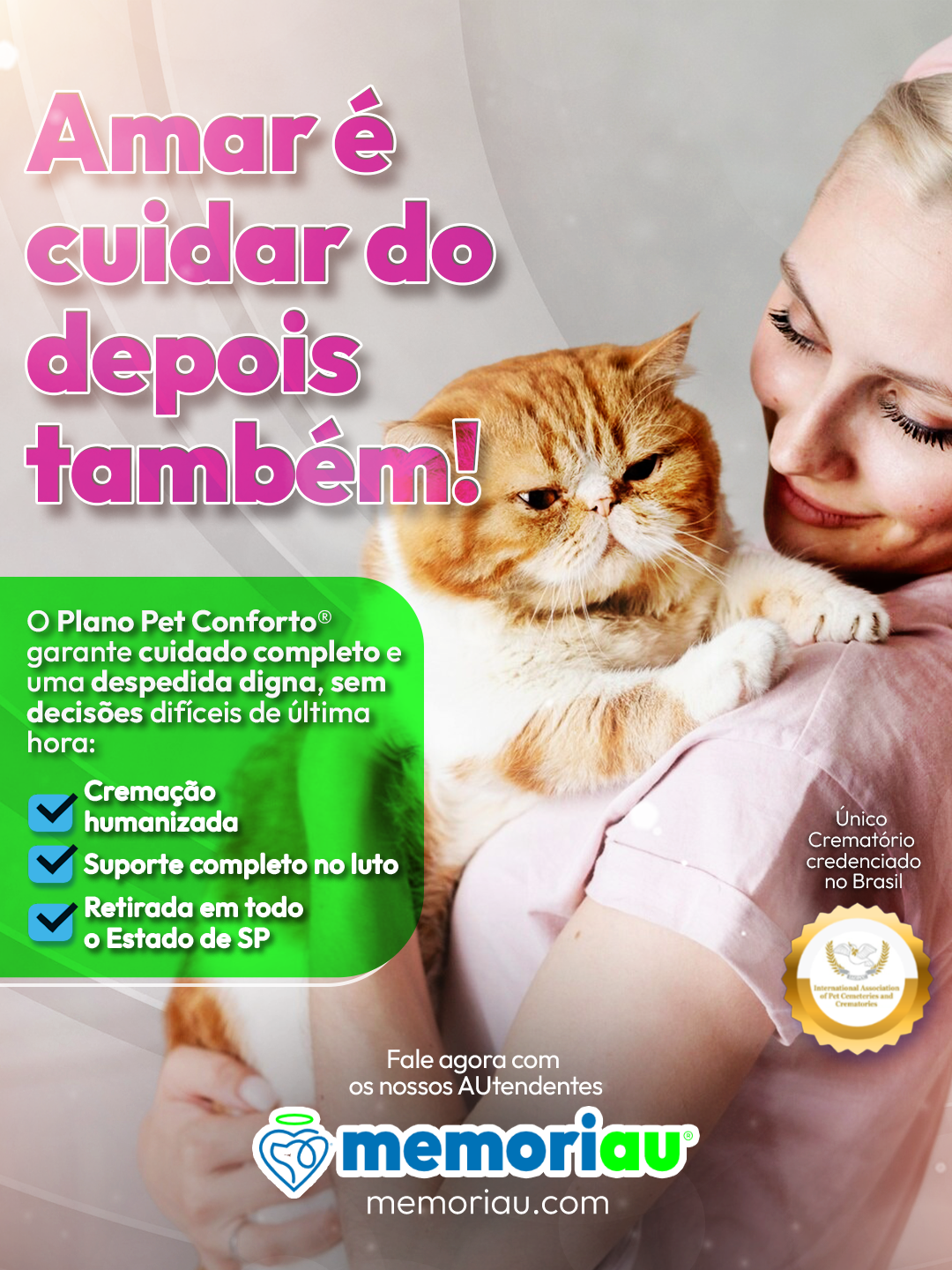 Tutora abraçada ao seu gato — Plano Pet Conforto MemoriAU